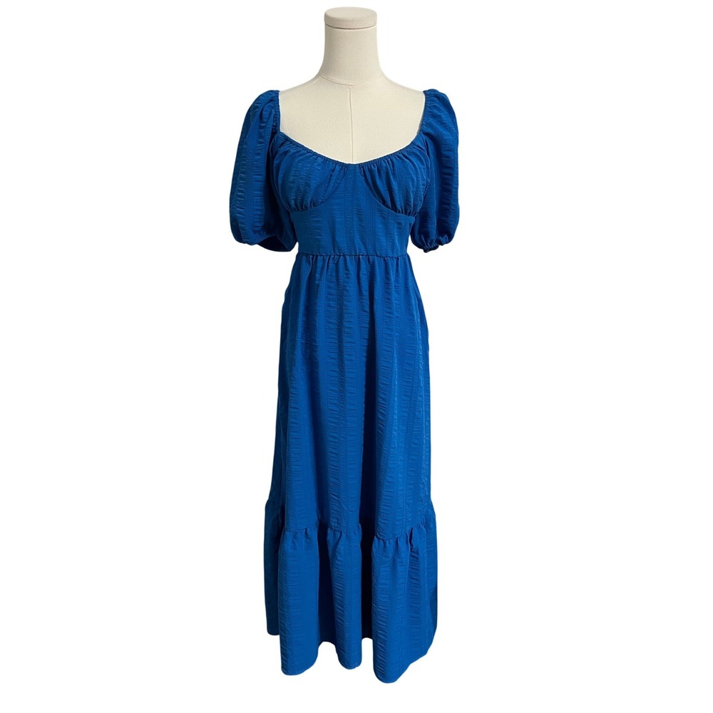 Stradivarius Lace Up Back Puff Sleeve Maxi Dress Womens Size M Blue Cottagecore